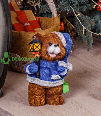 купить Новогодняя садовая фигура Медвежонок в синем костюме с фонариком 1