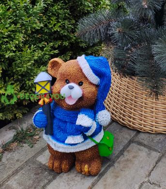 купить Новогодняя садовая фигура Медвежонок в синем костюме с фонариком 2