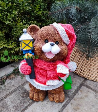 купить Новогодняя садовая фигура Медвежонок в красном костюме с фонариком 3