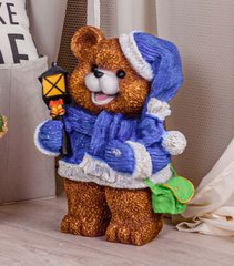 купить Новогодняя садовая фигура Медведь в синем костюме с фонариком 1