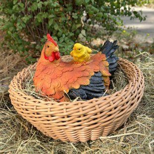 купити Садова фігура Курка з курчам в гнізді з ротангу (24&times;24&times;30 см, діаметр 45 см), декор для саду і дому 1