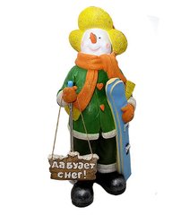 купить Новогодняя садовая фигура Снеговик-Лыжник с табличкой "Да будет снег!" в зеленой кофте NSF-7.074 1