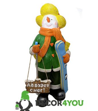 купить Новогодняя садовая фигура Снеговик-Лыжник с табличкой "Да будет снег!" в зеленой кофте NSF-7.074 1